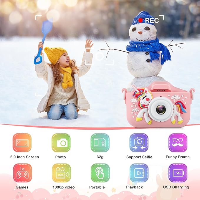 Unicorn Little Girls Toys Selfie Camera for 6-10 Years Old, HD Digital Video Camera with 32GB SD Card