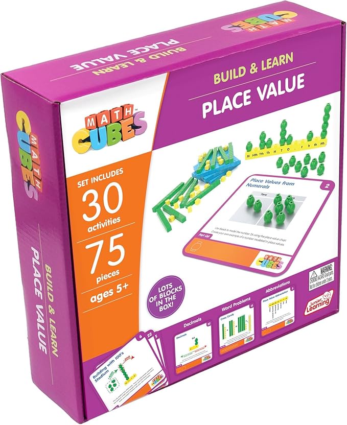 Junior Learning: Mathcubes - Place Values - 30 Activity Set, Build & Learn, Blocks & Boards Hands On Math, Developmental & Education Set, Kids Ages 4+