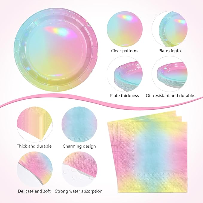 170pcs Pastel Rainbow Birthday Party Supplies Iridescent Pastel Plates and Napkins Cups Forks Tableware Sets for Girls Baby Shower Sprinkle Unicorn Theme Party Favors Serves 24