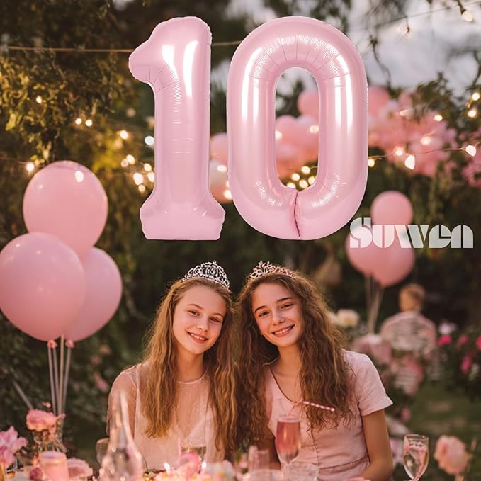 SUWEN 40 Inch Pink Large 10 Balloon Numbers Big Foil Helium Number Balloons 0-9 Jumbo Happy 10th Mylar Birthday Party Decorations for Girl Anniversary Party Supplies