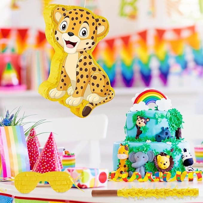 Leopard Piñatas for Safari Birthday Party Cheetah Piñata with Stick, Blindfold, Confetti for Adults Birthday Baby Shower Party Supplies