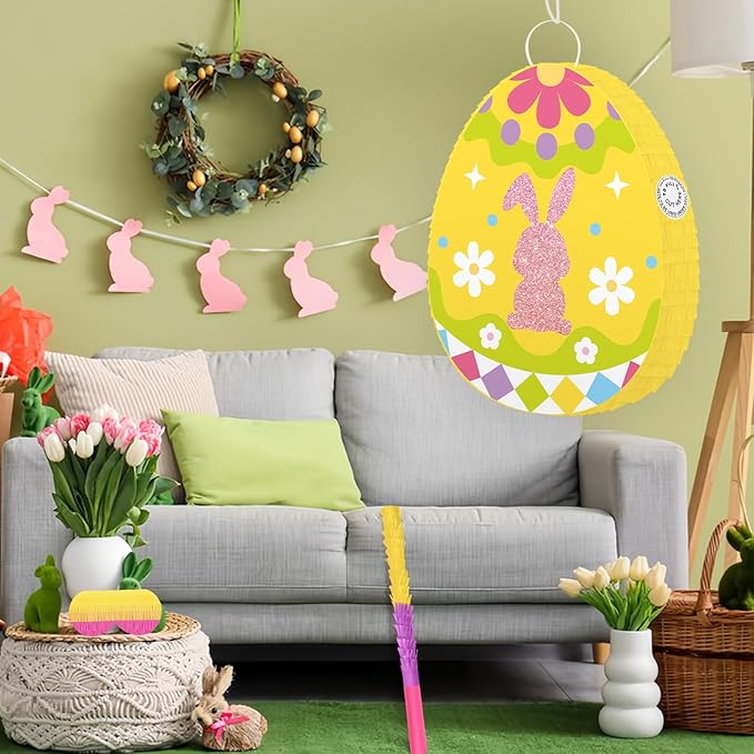 Hooqict Easter Egg Pinata Bunny Pinata with Blindfold and Bat Stick for Kids Spring Happy Easter Party Games Bunny Birthday Party Decorations Sunday Celebration Supplies