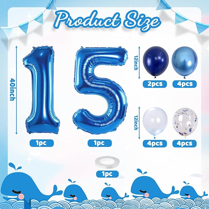 15th Birthday Balloon for Boys, Foil 40 Inch Self Inflating Number 15 Metallic Dark Blue, Navy Blue Mylar Large Balloon with Silver Confetti Latex for Men Birthday Party Decorations