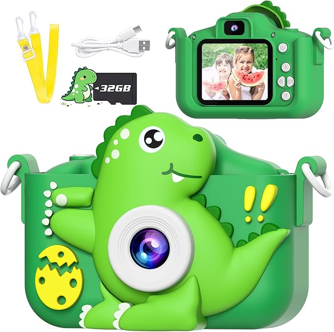 Kids Camera Toys for 3-8 Year Old Boys Girls, Dinosaur 1080P HD Selfie Digital Camera with 32GB Card, Christmas Birthday Gift for Kids