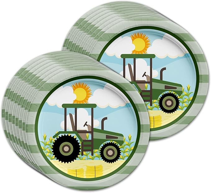 Green Farm Tractor Time Birthday Party Supplies Set Plates Napkins Cups Kit for 16