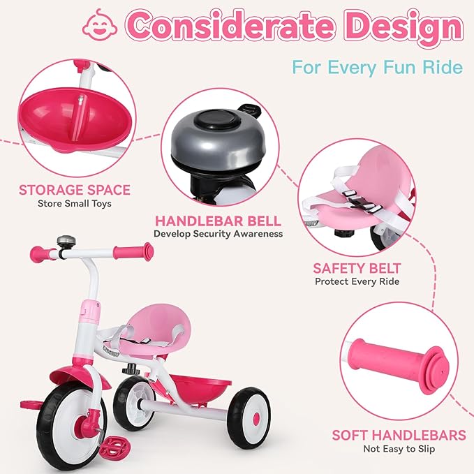 Liberry 2 in 1 Toddler Tricycle Age 2 3 4 Years Old, Kids Trike with Adjustable Push Handle, Bell & Basket, 3 Wheel Bike Riding Toy Birthday Gift for Girls Boys, Pink