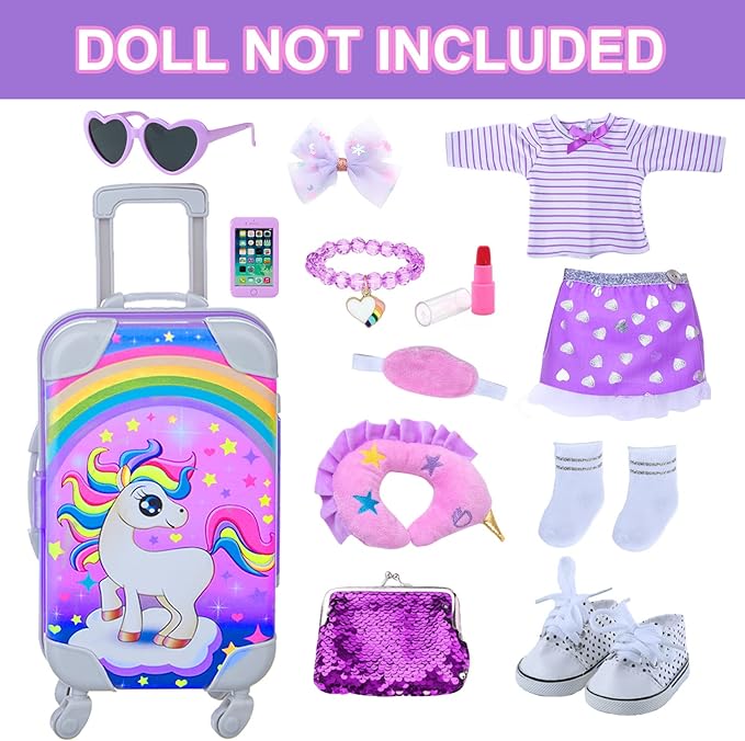 DONTNO 29 Pcs American Doll Clothes & Accessories, Cute Travel Play Set for 18 Inch Doll - Purple Clothes Suit, Unicorn Suitcase, Handbag, Lipstick, Camera, Sunglasses
