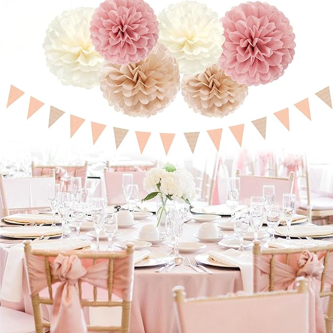 Pink Champagne-Peach Rose-Gold Boho Party Decorations - 23pcs Women Girls Birthday Tissue Pom Poms Streamers,Baby Bridal Shower Tassel Garland Banner,Rustic Wedding Graduation Decor Backdrop Ouruola
