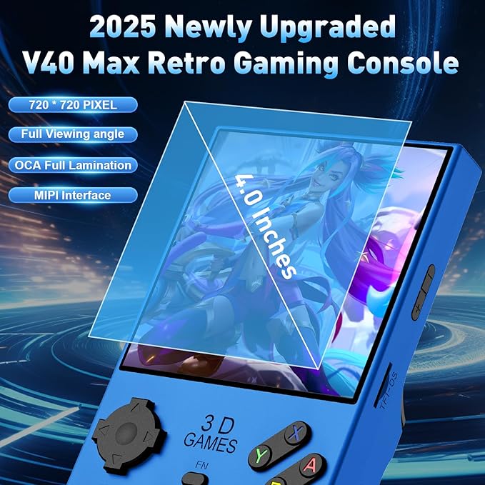 Hugawello R40 MAX handheld device, 40000 in 1 high-definition gaming mini retro video console, 4-inch IPS screen, 256GB RAM, 45 built-in emulators, 3800mAh battery (blue 256GB)