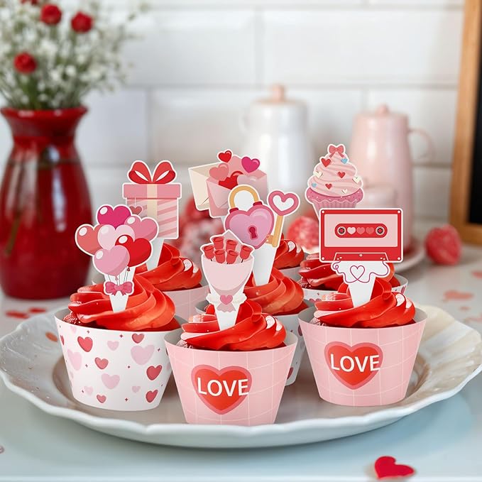 48 Pcs Valentines Cupcake Toppers and Heart Wrappers Love Cupcake Decorations for Valentine's Day Theme Wedding Birthday Party Supplies