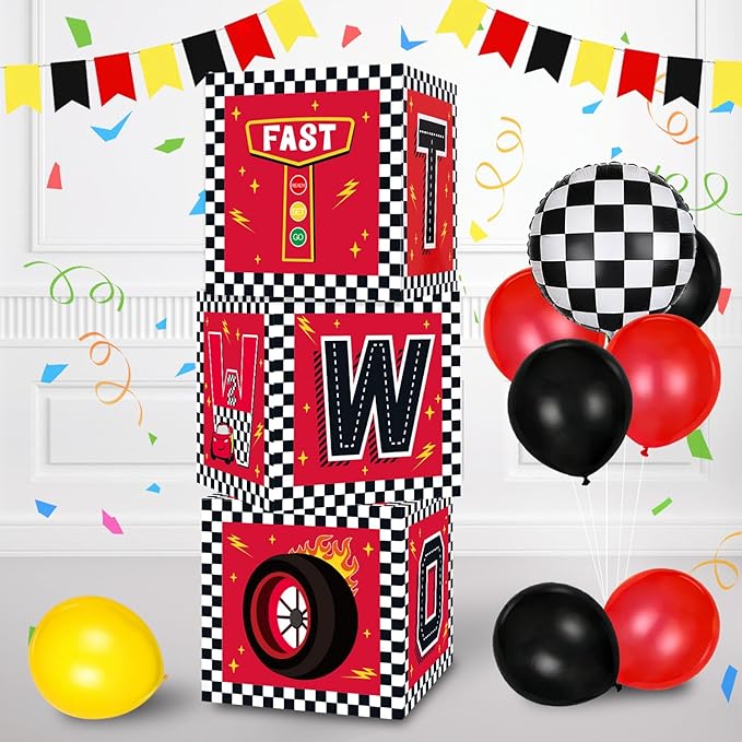 TONIFUL Race Car 2nd Birthday Party Supplies Red Yellow Black Balloon Box with Letters，Fast Two Theme Two Years Old Birthday Party Favors for Kids Baby Shower Second Birthday Decoration