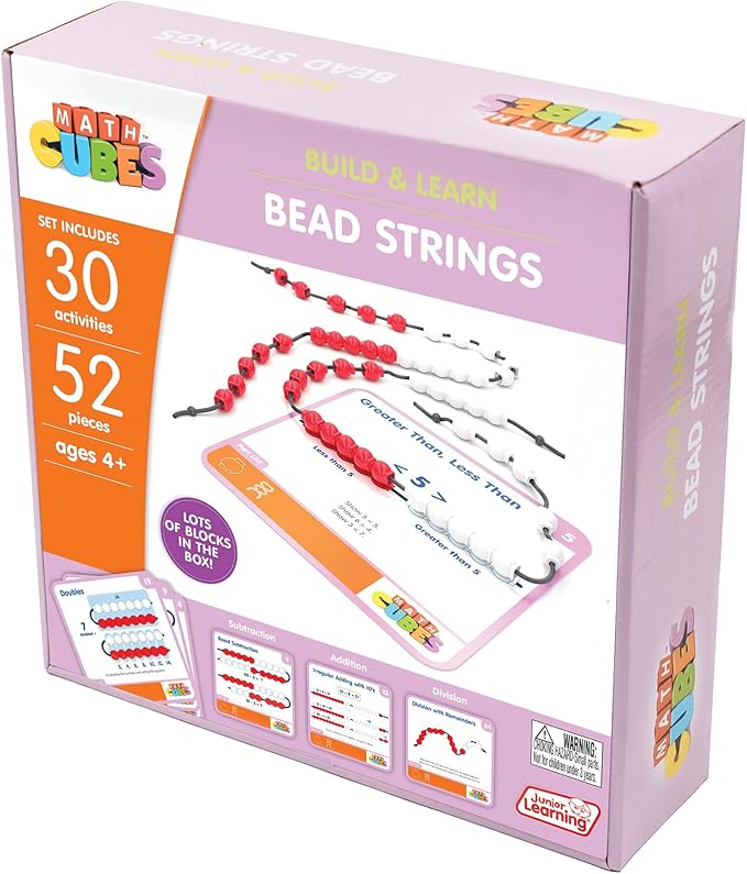 Junior Learning: Mathcubes - Bead Strings - 30 Activity Set, Build & Learn, Beads & Boards Hands On Math, Developmental & Education Set, Kids Ages 4+