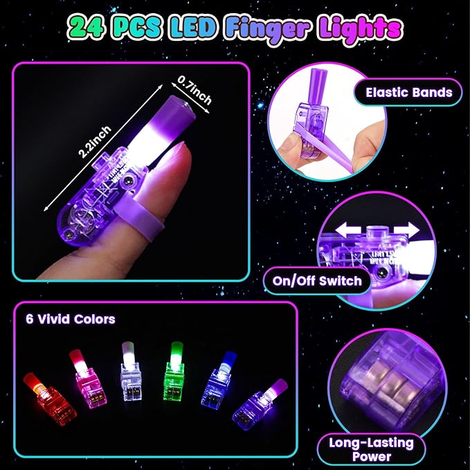 LovesTown 24PCS LED Finger Lights for Kids, Video Game Party Favors Finger Lights Glow in The Dark Supplies for Gamer Birthday Party Decorations Goodie Bags Easter Basket Stuffers Classroom Prizes