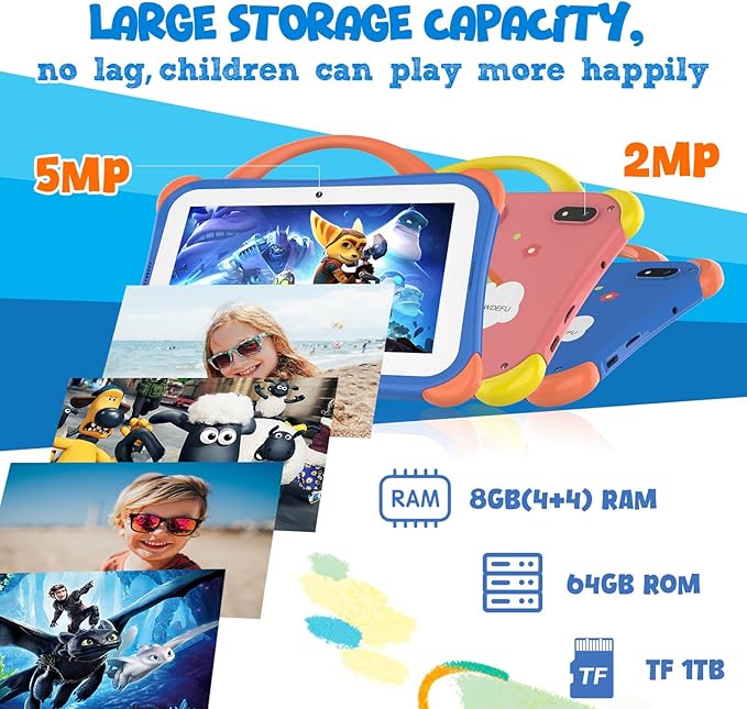 CWOWDEFU Kid's Tablet, 7' Tablet for Kids, 64Gb Android 14 Tablet Features 4000mAh Battery, Bluetooth 5.0, 5G WiFi, 5MP+2MP Dual Camera, Best Gift for Children