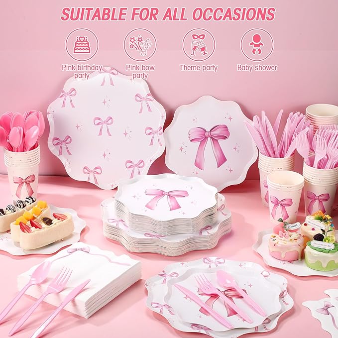 350 Pcs Bow Pink Party Supplies Tableware Set Disposable 9'' 7'' Paper Plates 9 oz Cups Cutlery Napkins Dinnerware Set for 1st Birthday, Serve 50 (Bow, Pink)