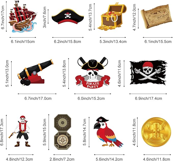 Censen 52 Pcs Pirate Party Hanging Swirls Decor Pirate Theme Ceiling Wall Spiral Streamer Pirate Captain Hat Skull Parrot Treasures Ceiling Hanging Swirl for Pirate Nautical Caribbean Birthday Party