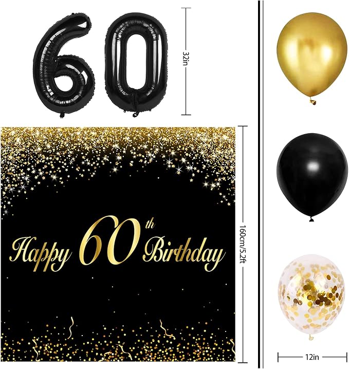 Happy 60th Birthday Balloons Black Set Decor - Cheers to 60 Years Old Party Theme Garland Banner Backdrop Decorations For Women and Men Supplies