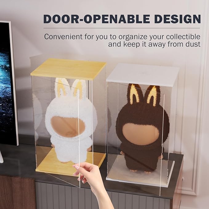 Nynelly Acrylic Display Case for Zimomo Labubu with Light, Clear Display Box for Large Collectibles Doll, Assemble Dustproof LED Showcase Storage Box with Door & Wooden Base, 13.8x11.8x23.6in