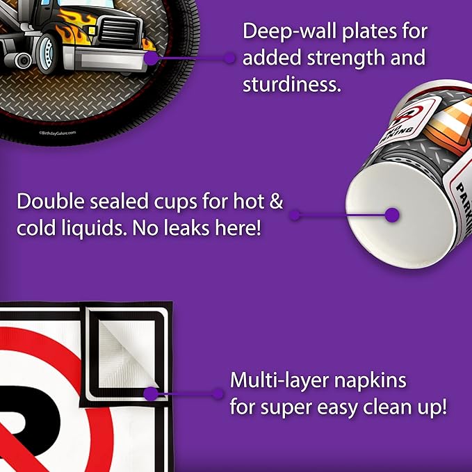 Tow Truck Birthday Party Supplies - Big Truck Birthday Supplies Set Includes Plates, Napkins, and Cups | Tableware Kit for 16