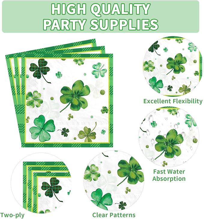 150 Pcs St. Patrick's Day Party Decorations Green Shamrock Oval Plates and Napkins Disposable Lucky Shamrock Clover Tableware Set for Irish St. Patrick's Day Holiday Party Supplies Serves 50