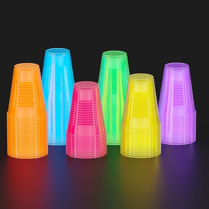 Exquisite Neon Cups 240 Pack 12 Oz | Colored Plastic Cups | Ideal For Blacklight Glow In The Dark Parties, Birthdays Or Any Event | Disposable, Food Safe