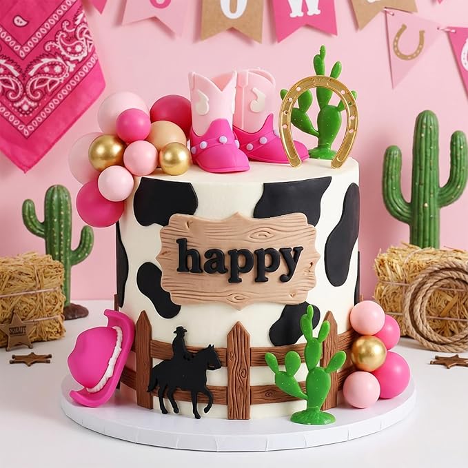 Knana 21Pcs Pink Cowgirl Birthday Cake Topper Cowgirl Hat Cake Topper with Pink Boot for Western Cowgirl Birthday Party Supplies