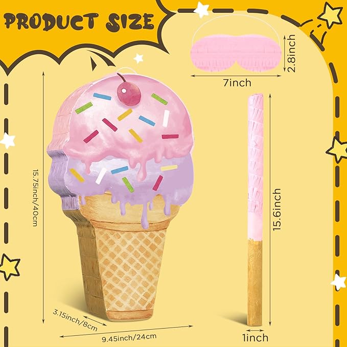 Capoda Pink Ice Cream Piñata Cute Dessert Cone Shaped Piñata with Stick Blindfold for Ice Cream Candy Birthday Party Summer Baby Shower Wedding Party Supplies Decor, 15.8 x 9.5 Inch