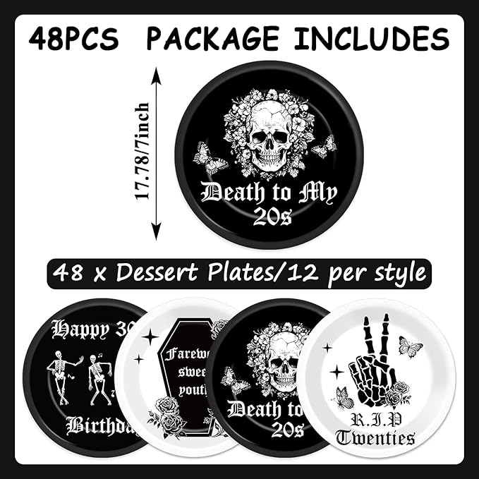 CHUNNIN 48Pcs Gothic Death to My 20s Party Paper Plates 30th Birthday Themed Party Supplies 7" Death to My Twenties Party Rip to My 20s Disposable Plates for 30th Birthday Party Decorations