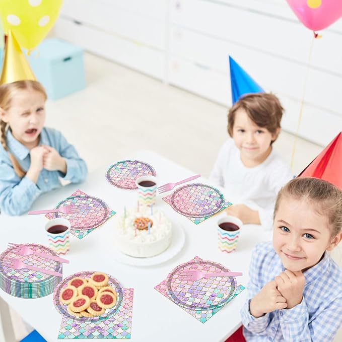 96PCS Mermaid Plates and Napkins Tableware Set Mermaid Party Supplies Mermaid Birthday Party Decorations Ocean Mermaid Theme Birthday Baby Shower Supplies Mermaid Paper Plates Napkins Forks Serve 24