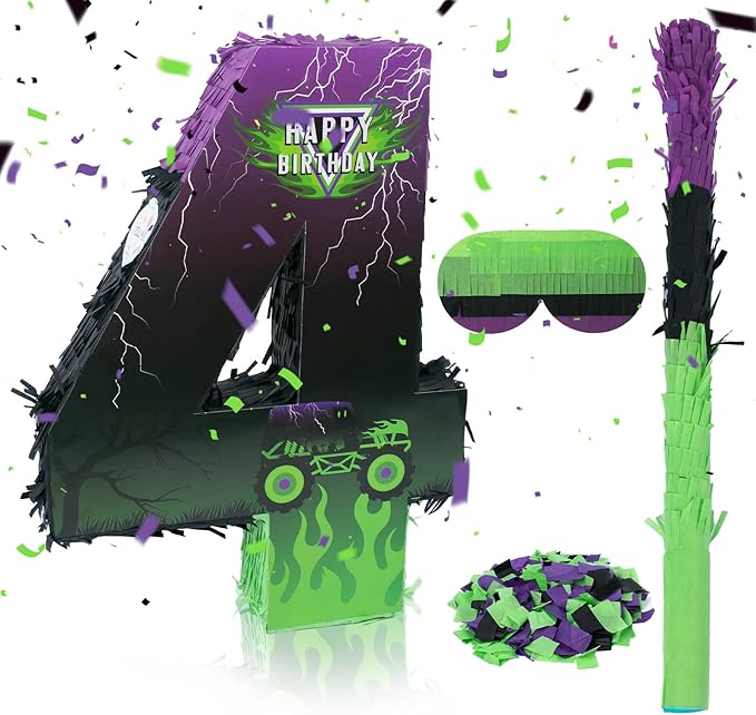 Monster Truck Car Number 4 Pinata for 4th Birthday Party Decorations, Birthday Pinata with Stick Blindfold and Confetti for Green and Purple Party Supplies Celebration (Small, 15.8 x 11.5 x 2.45 In)