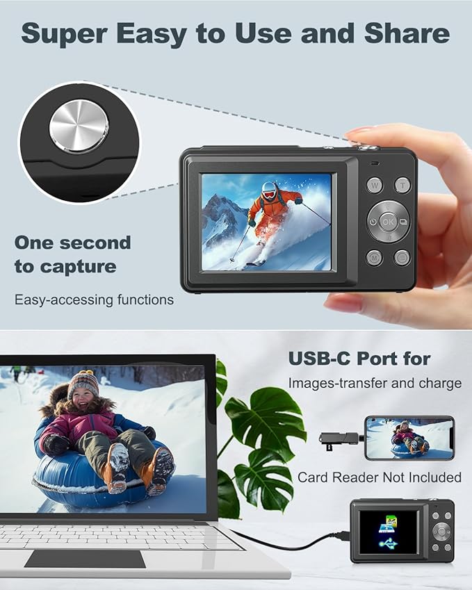 Digital Camera, FHD 1080P Kids Camera, 44MP Point and Shoot Digital Cameras with 32GB Card, 16X Digital Zoom, Anti Shake, Compact Small Cameras for Boys Girls Teens Students, Black