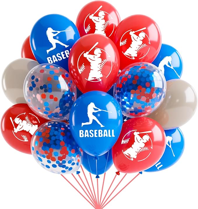 Baseball Balloons, 16Pcs 12Inch Red Blue Brown Confetti Baseball Party Balloons for Boys Kids Boy Baseball Birthday Sport Party Decorations Sports Themed Baby Shower Graduation Party Supplies