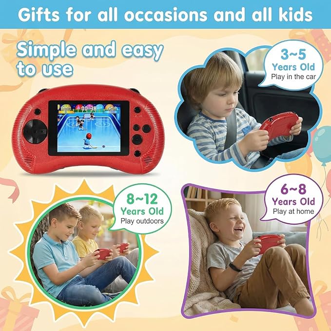 Handheld Game for Kids, 3.2" HD Screen with 213 Retro Video Games , Built-in Classic Game, Portable Travel Gaming Player with Rechargeable Battery, Electronic Toy Gift for Boys Girls Ages 4-12 (Red)