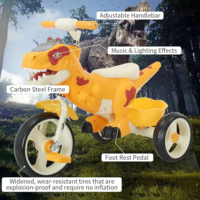 Dinosaur Kids Tricycle for Rider- Toddlers Kid Trike Bike Big Wheel with Music, Storage Basket,Indoor/Outdoor Preschool Daycare Kids Bike,Best Gift for 3-7 Year Old Girls & Boys (Orange)