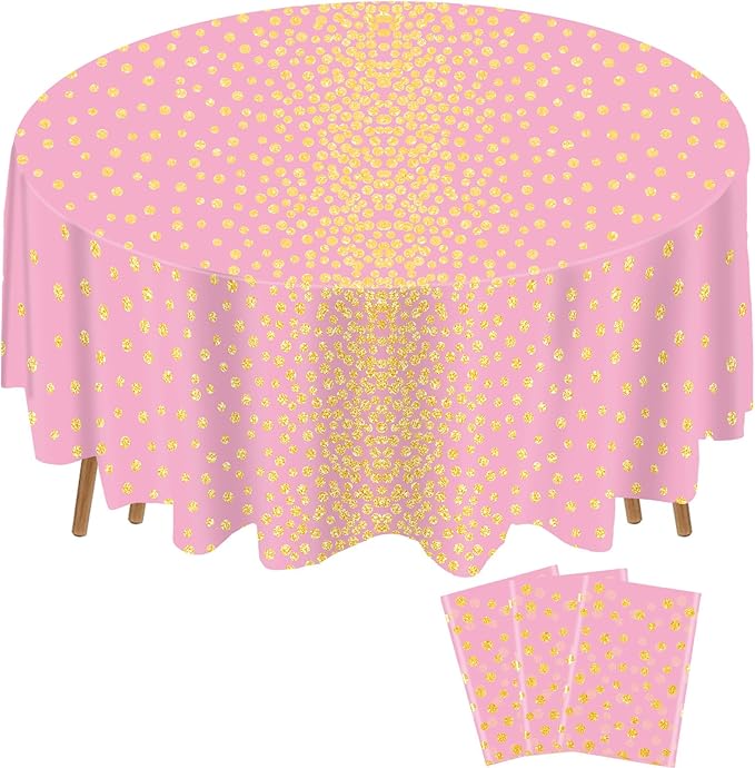 VitalCozy Round Dot Tablecloth 84 Inch Plastic Table Cover Polka Dot Confetti Tablecloths for Easter 2026 Graduation Prom Wedding Birthday Spring Party Supplies(Pink and Gold,3 Pcs)