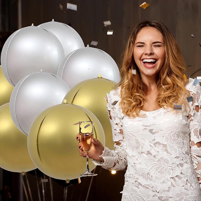 KALOR 22 Inch Matte Gold and Silver Foil Balloons, 10 Pcs Large 4D Giant Round Metallic Foil Balloon for Birthday Party Baby Shower Graduation Party Decorations