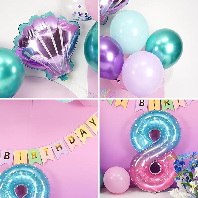 8th Mermaid Birthday Decoration,Metallic Purple Pink Green Blue Latex Balloons for Girls Party Decoration Number 8 Seashell Foil Balloons Banner Cake Topper Sea Decoration