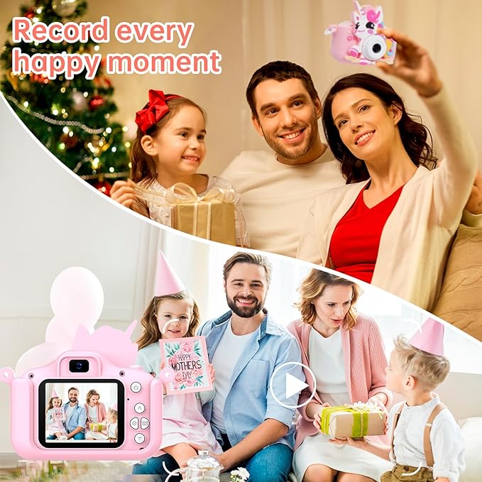 Kids Camera, Camera Toys for Girls Age 3-8, Selfie Cameras for Kids, Kids Digital Camera for Toddler with Video, Digital Cameras with Silicon Cute Cover for Kid, 32GB TF Card(Pink)