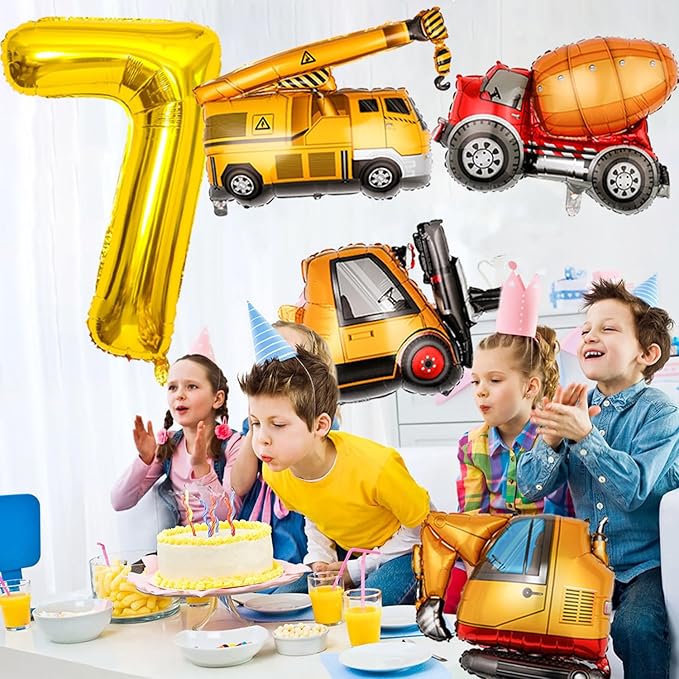 Large Gold Number 6 Balloons, Construction Truck Foil Balloons for Boys 7th Birthday Party Decorations