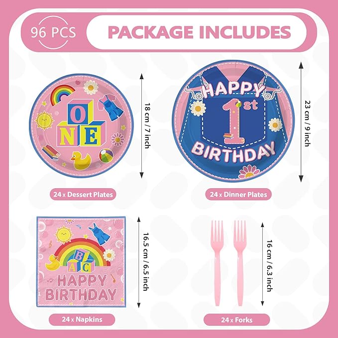 96Pcs 1st Birthday Party Decorations Girls Pink Cartoon Teaching Plates and Napkins Cartoon English Teacher Theme Tableware Set for Girl Birthday Baby Shower Party Supplies，Serves 24