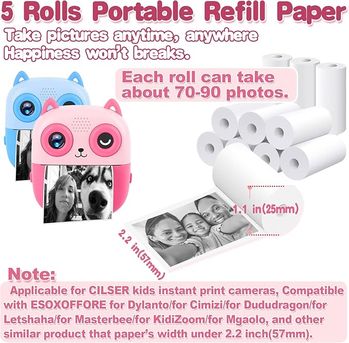 5 Rolls Premium Mini Thermal Printer Sticker Paper, BPA Free, 57 X 25mm, Mini Printer Sticker Paper for Most Kids Instant Camera, Kids Instant Camera Refill