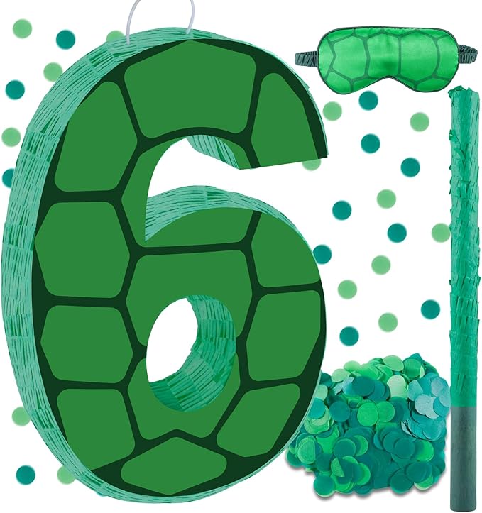 16 Inch Turtle Number 6 Pinata, Turtle Birthday Decorations, Turtle Theme Pinata with 16 Inch Stick Blindfold Confetti for Boy Girl Kids 6th Birthday Party Supplies(6th)