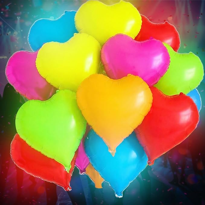 12 Pcs 22 Inches Heart Glow in The Dark Neon Balloons Glow Party Supplies Neon Foil Balloons 90 80s Hip Hop for Birthday Wedding Anniversary Backdrop Decor