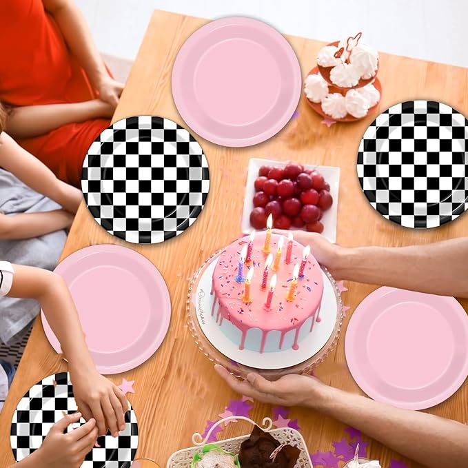 48Pcs Pink Checkered Birthday Paper Plates for Racing Car Theme Party Supplies 7" Hot Pink Race Car Disposable Black White Checkered Plates for Kids Girls Birthday Baby Shower Party Decorations