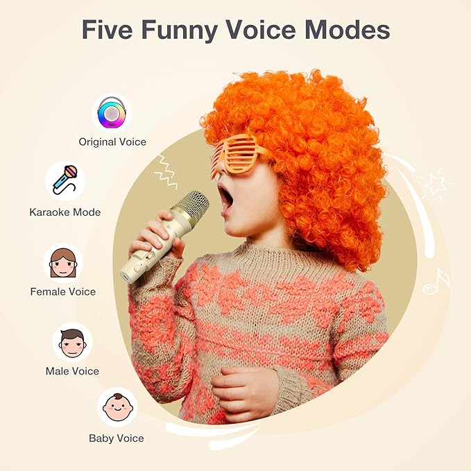 Karaoke Machine for Kids，Mini Portable Bluetooth Speaker with 2 Wireless Microphones,Karaoke Toys Gifts with Interactive Lights and Sound for Girls Boys Adults Home Party Birthday-Beige