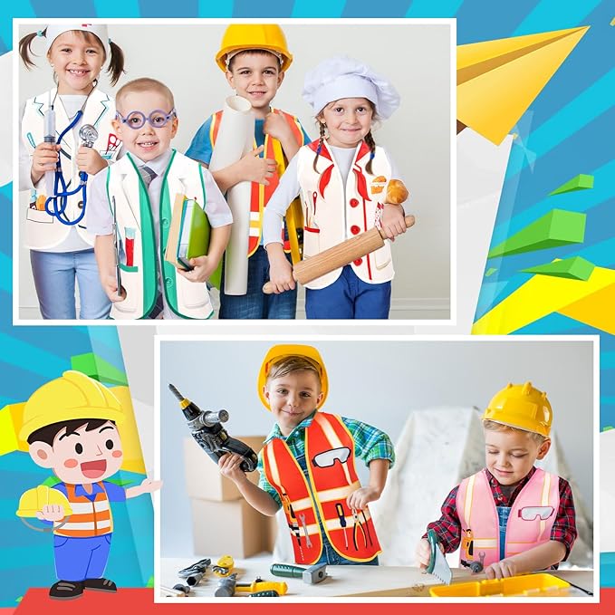 Cozypower 36 Pcs Kids Community Helper Dress Up Vest Career Costumes Toddler Girls Boys Career Day Costumes Cosplay for Pretend Play Doctor Police Fireman Car Racer Cowboy Farmers Worker