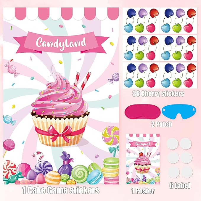 Pin The Cherry on The Cupcake Game for Kids Birthday Pin Game Girls Birthday Party Games Candy Land Party Decorations, Large Candyland Game Poster with 36 Cherry Stickers Candyland Party Favors
