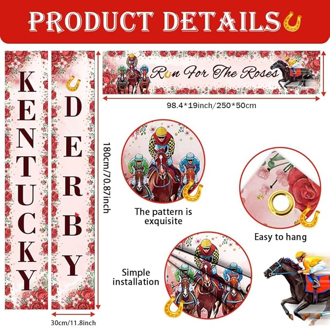 3PCS Kentucky Derby Decorations Banner Run for the Roses Yard Fence Cover Hanging Rose Horse Kentucky Derby Porch Sign for Horse Racing Kentucky Derby Party Supplies Indoor Outdoor