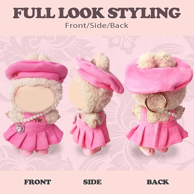 Clothes Compatible with LABUBU – Blue & White Tweed Dress with Bow, Bracelet & Shoes | 4PCS Couture-Inspired Outfit for 8-Inch Dolls (Rosy Macaron)