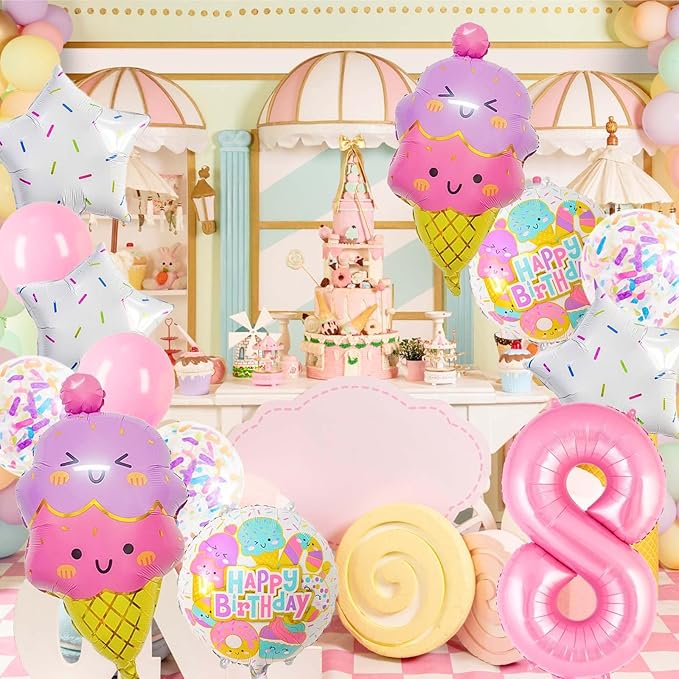 Pink Ice Cream Balloons, Number 8 Balloon, 8th Birthday Decorations for Girls, Ice Cream Balloon for Girls Birthday Party Decoration (8)